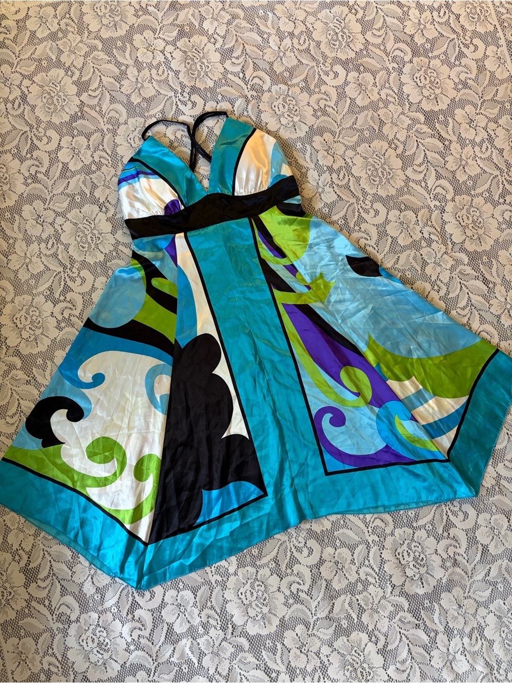 Rubber Ducky Productions Handkerchief Hem Halter Dress in Abstract Print